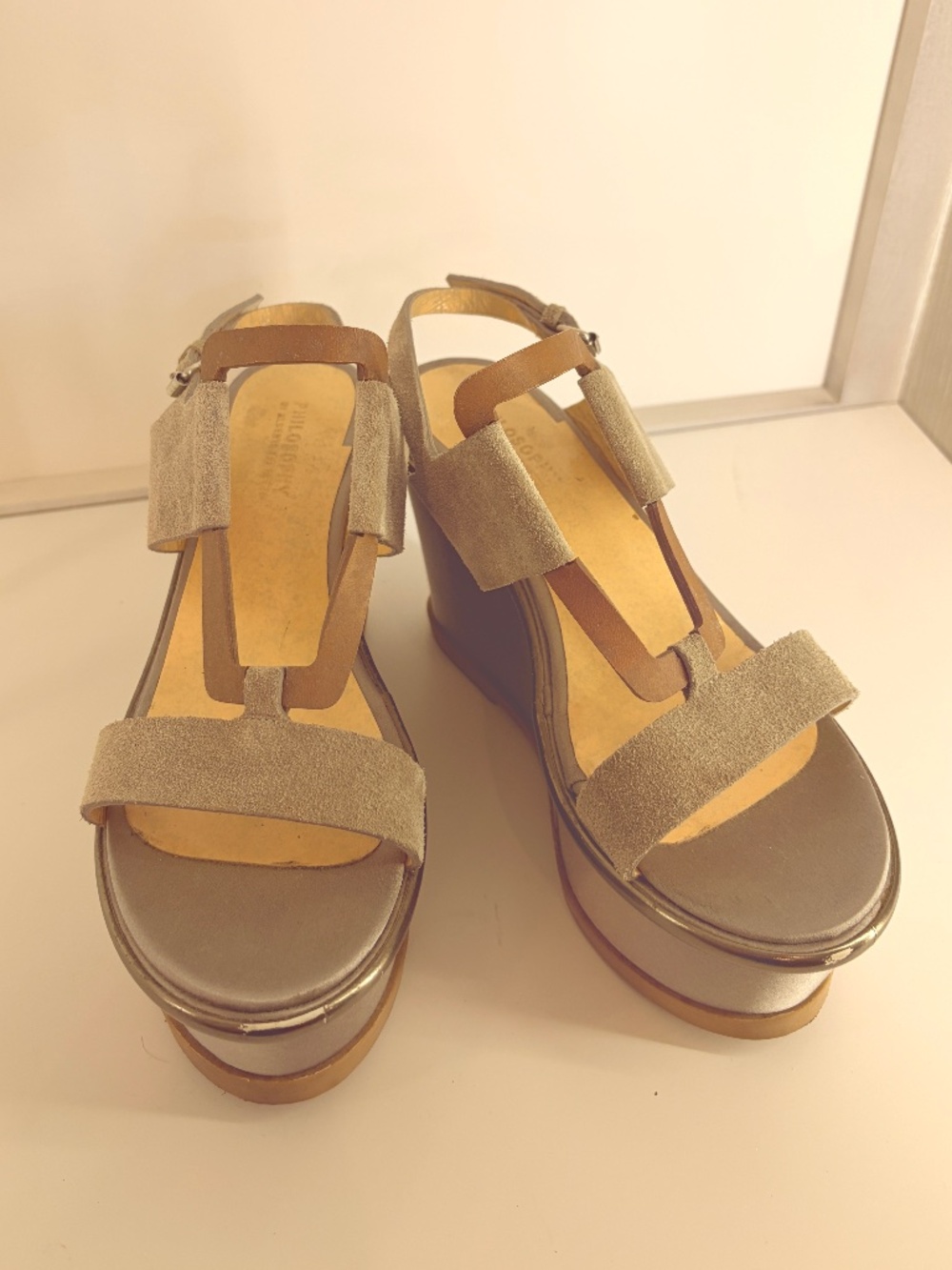Philosophy di Alberta Ferretti Grey Suede Platform Wedge Sandals EU 38.5
